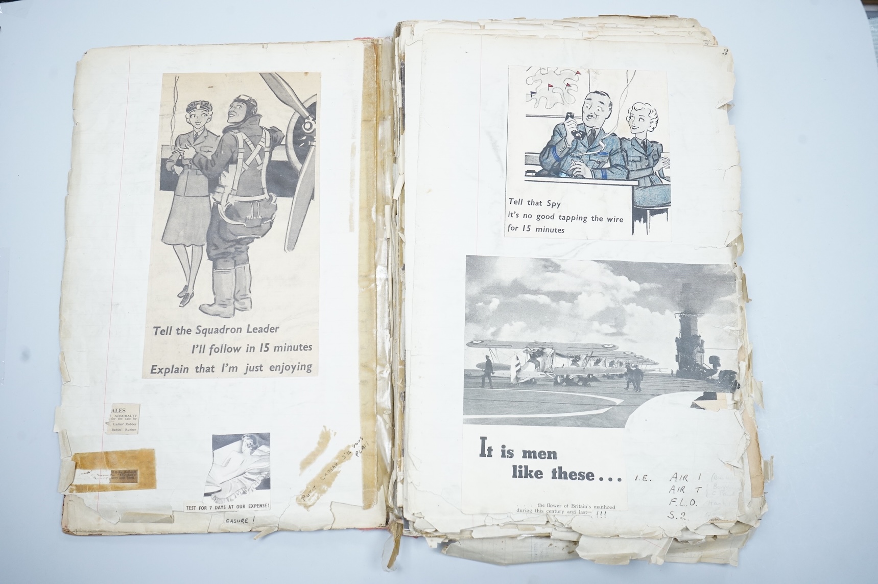 A WWII RAF operations scrapbook relating to RAF Bawtry, dating from 1939 onwards, containing related newspaper cuttings, pamphlets, including photographs of HRH the Duchess of Gloucester visiting Bawtry, photographs show